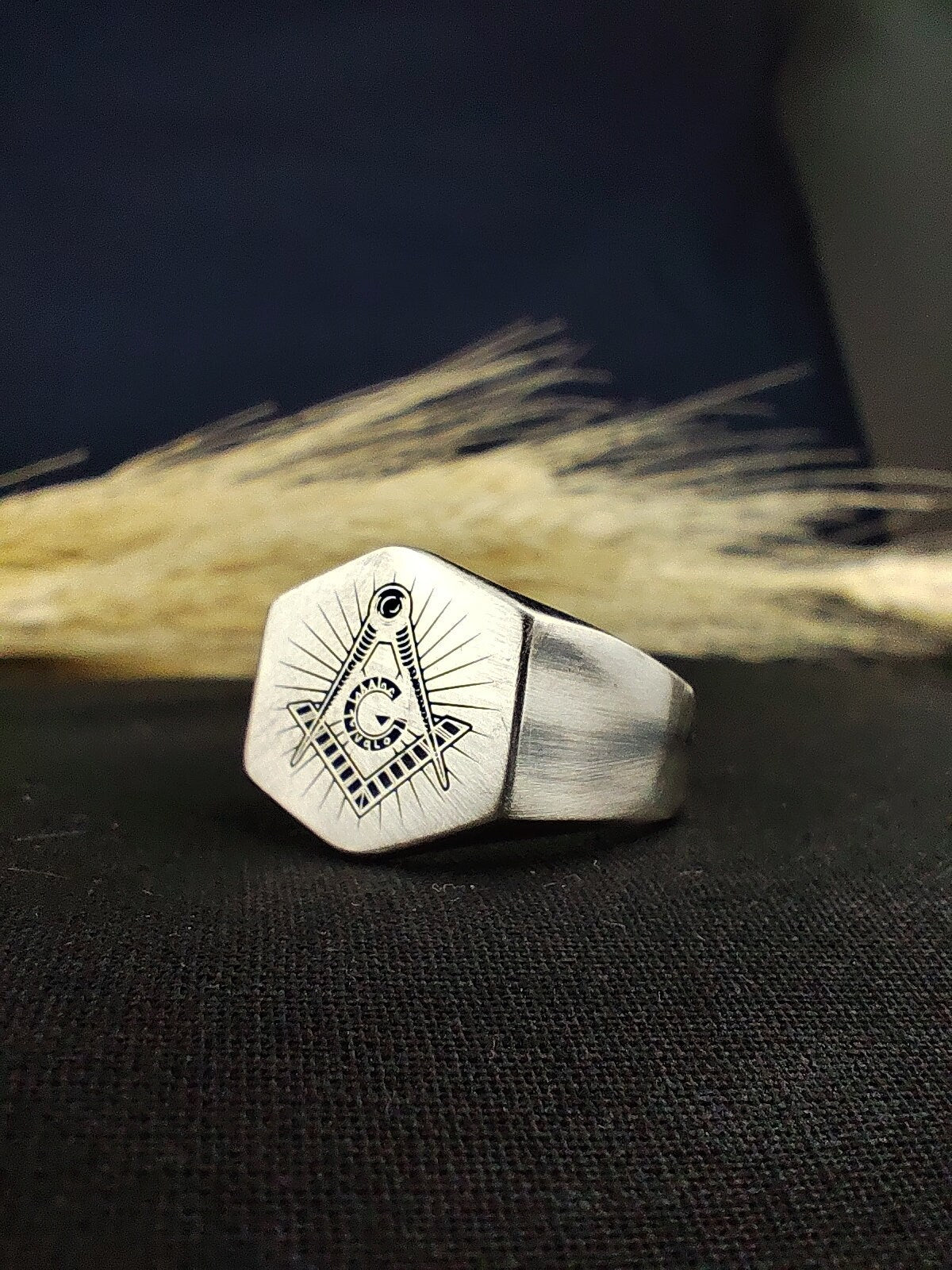 Handmade Matte Oxidized Masonic Signet Ring, Custom Freemason Lodge Jewelry