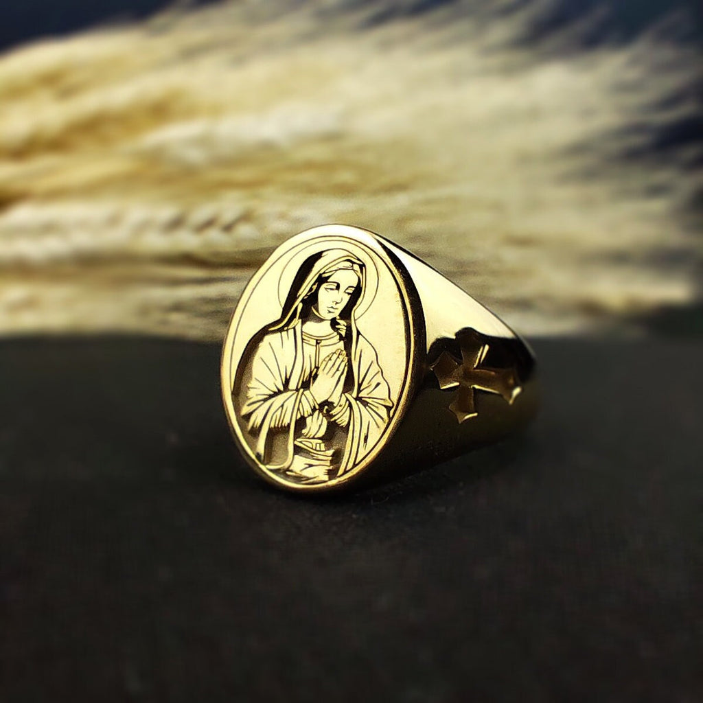 Virgin Mary Signet Ring, Catholic Jewelry, Sterling Silver or Gold Christian Gift