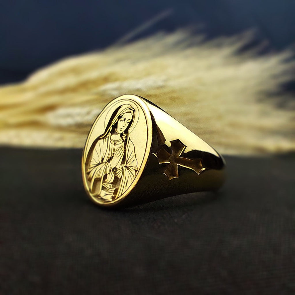 Virgin Mary Signet Ring, Catholic Jewelry, Sterling Silver or Gold Christian Gift