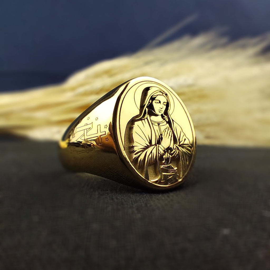 Virgin Mary Signet Ring, Catholic Jewelry, Sterling Silver or Gold Christian Gift
