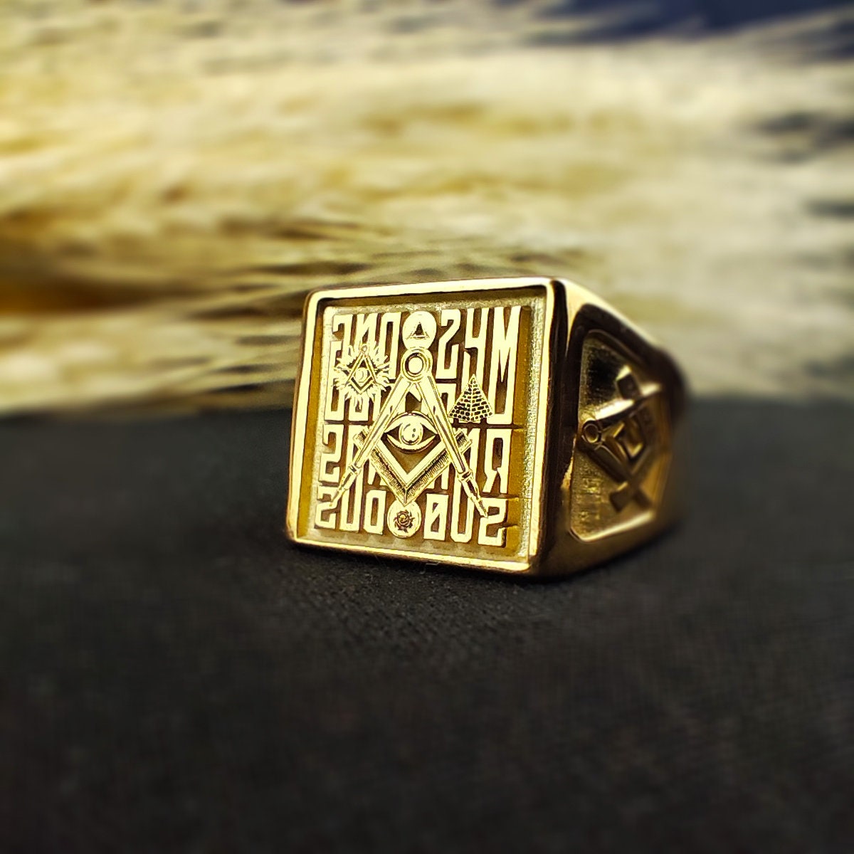 Square Masonic Ring for Men, Engraved Freemason Signet, Lodge Gift