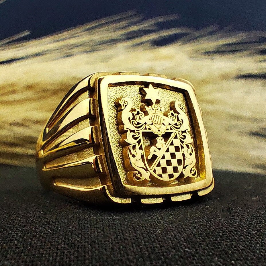 Custom Family Crest Signet Ring: Engraved Gold Plated Heritage Emblem