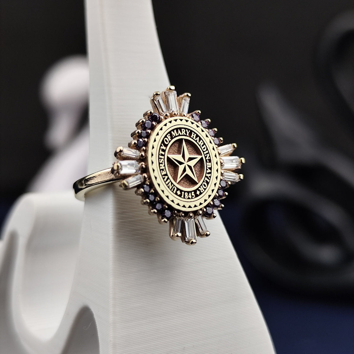 14K Gold Baguette Stone University Ring - Women's Elegant College Signet - Custom Graduation Jewelry Gift