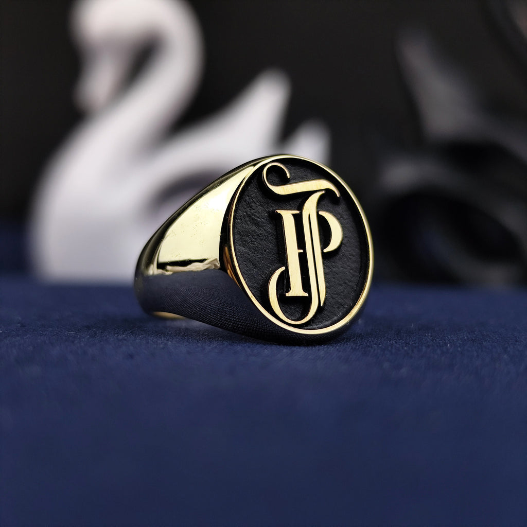 Custom Monogram Signet Ring for Men, Oval Black Enamel, Sterling Silver or Gold