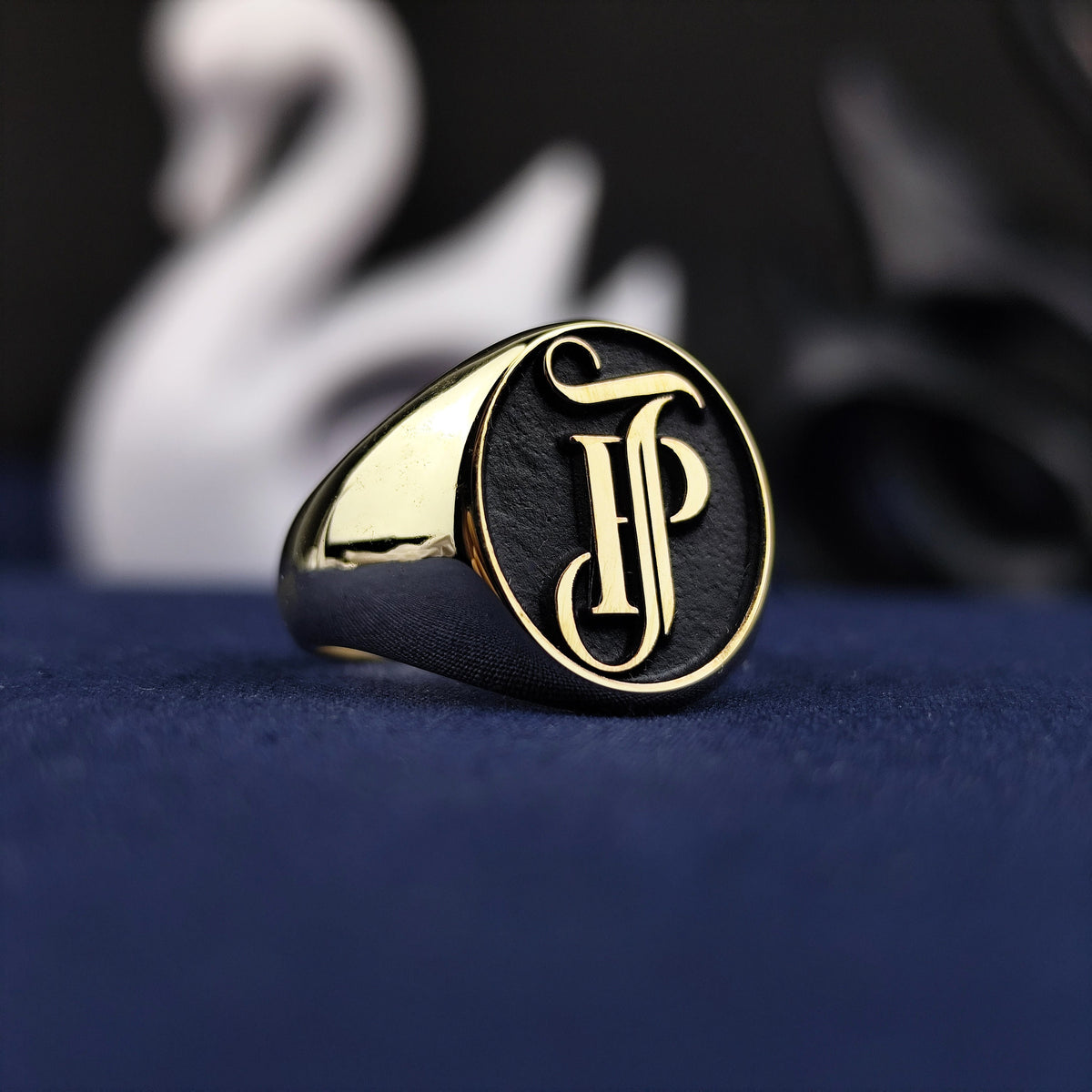Custom Monogram Signet Ring for Men, Oval Black Enamel, Sterling Silver or Gold