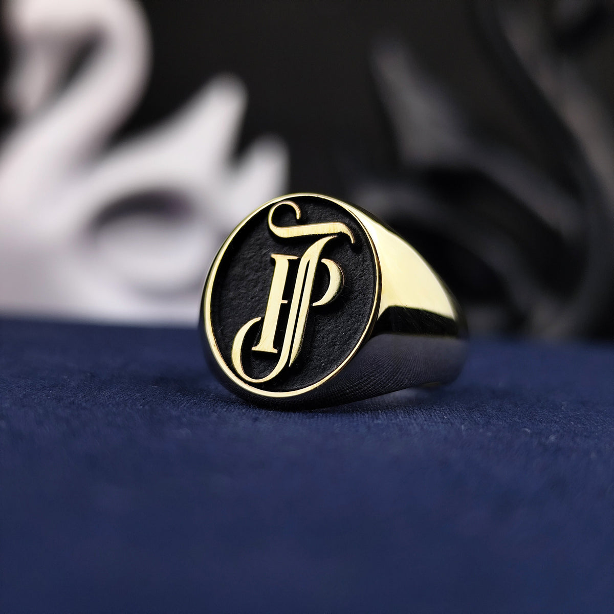 Custom Monogram Signet Ring for Men, Oval Black Enamel, Sterling Silver or Gold