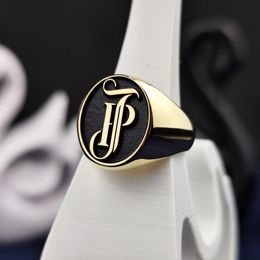 Custom Monogram Signet Ring for Men, Oval Black Enamel, Sterling Silver or Gold