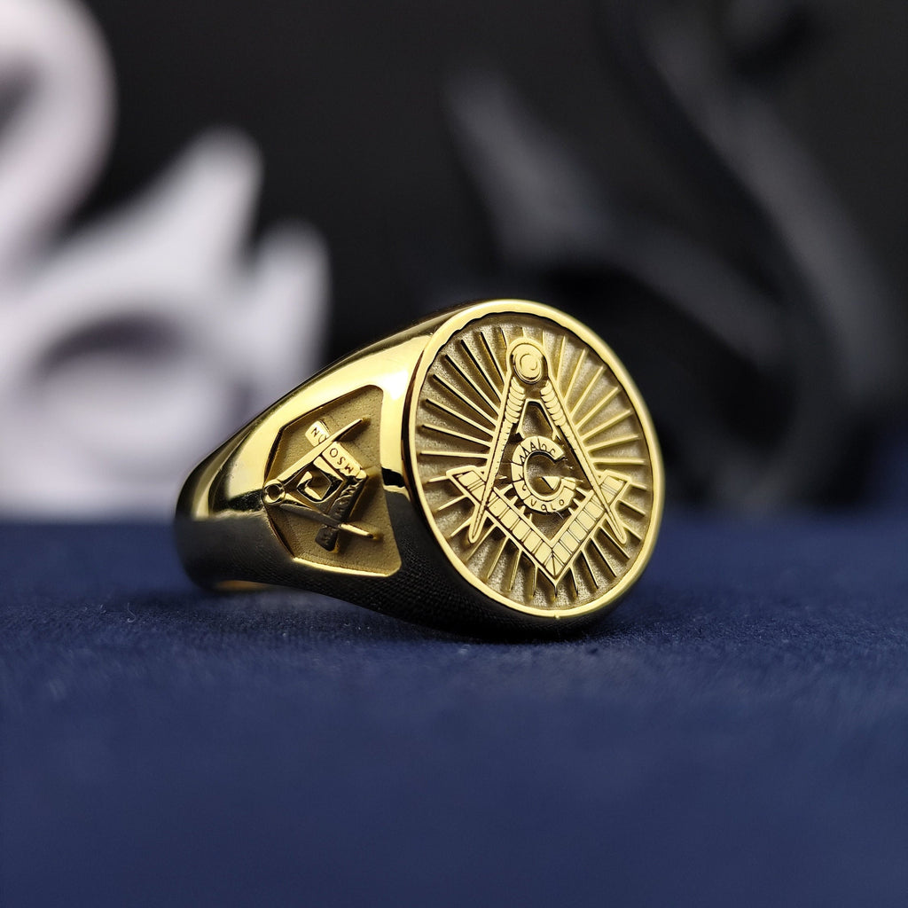 Gold Plated Freemason Signet Ring, Engraved G Emblem, Master Mason Jewelry, Lodge Gift