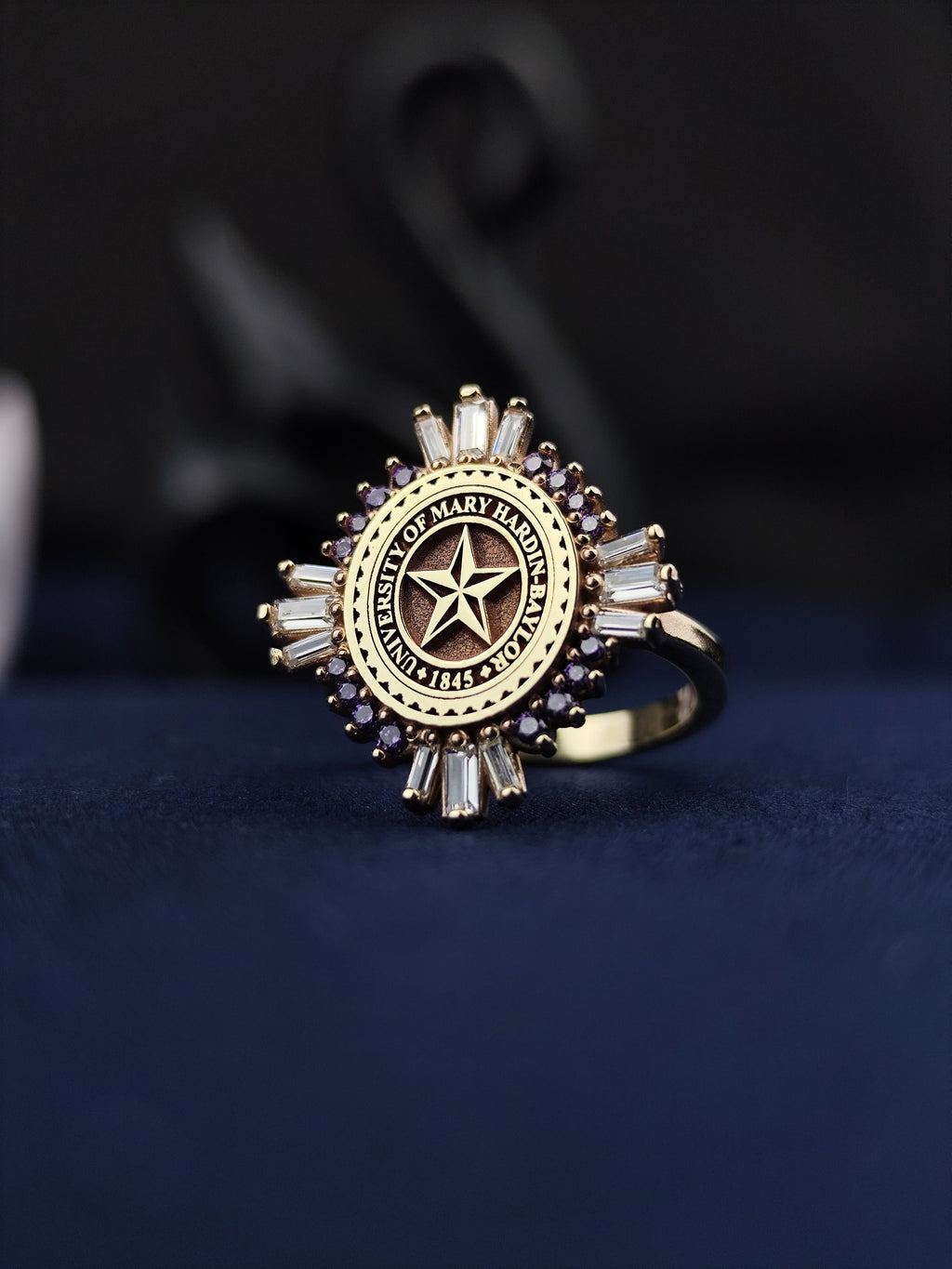 14K Gold Baguette Stone University Ring - Women's Elegant College Signet - Custom Graduation Jewelry Gift