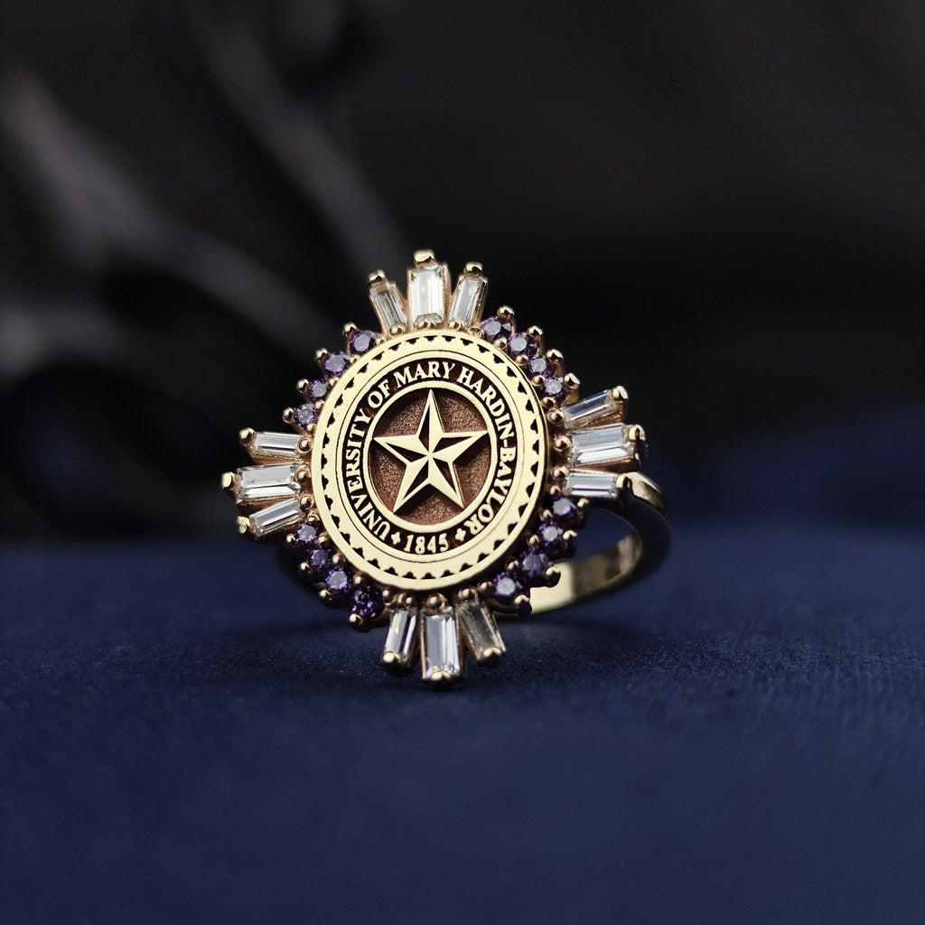 14K Gold Baguette Stone University Ring - Women's Elegant College Signet - Custom Graduation Jewelry Gift