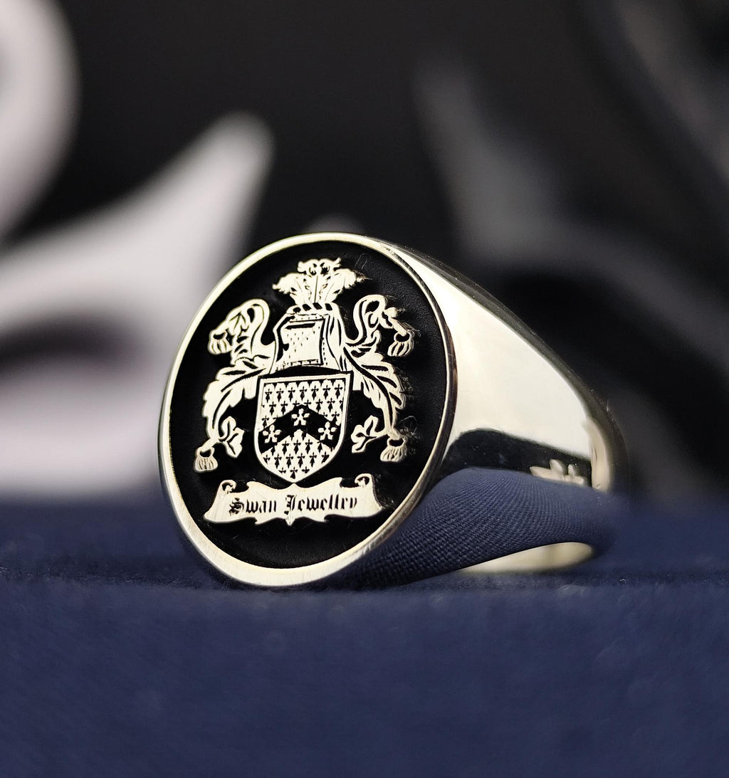 Custom Family Crest Ring, Engraved Coat of Arms Signet, Personalized Heritage Gift for Him