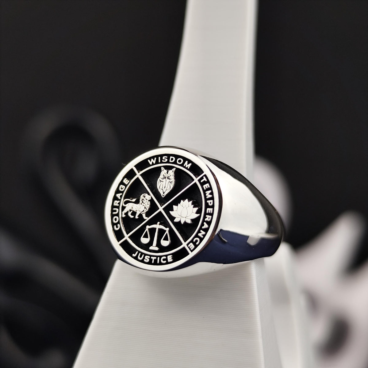 Wisdom Symbol Statement Ring, Personalized Silver Signet, Meaningful Graduation Gift