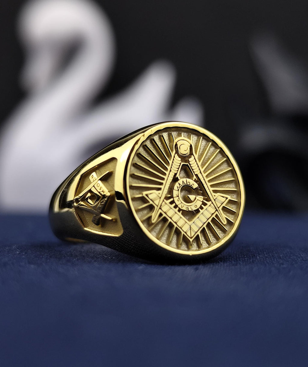 Gold Plated Freemason Signet Ring, Engraved G Emblem, Master Mason Jewelry, Lodge Gift