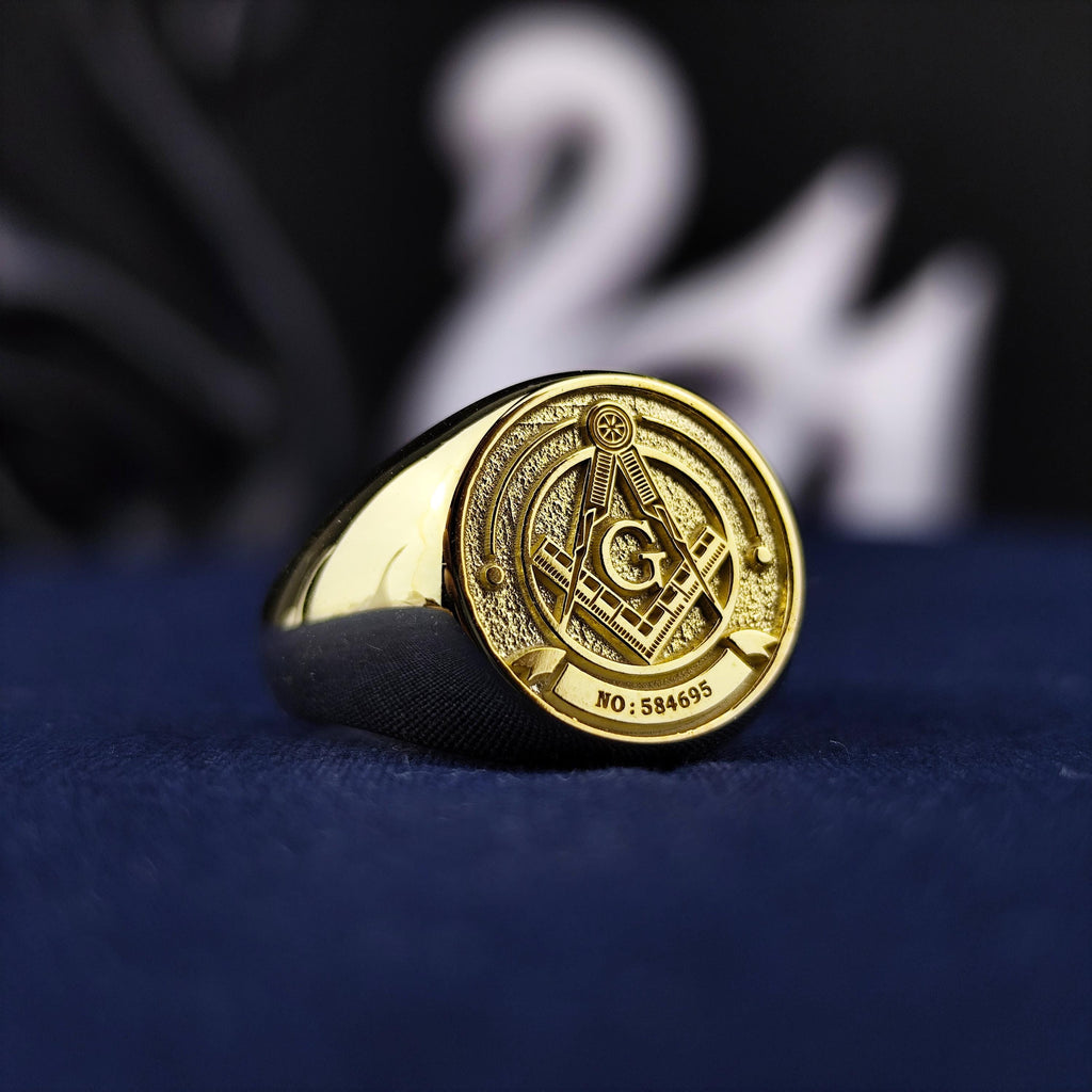 Gold Plated Masonic Signet Ring, Freemason Compass and G Symbol Jewelry, Mens Lodge Gift