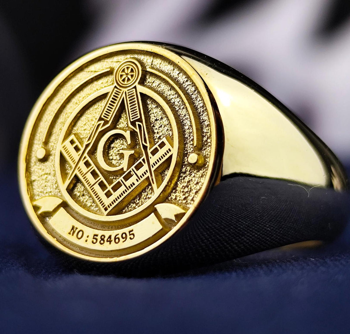 Gold Plated Masonic Signet Ring, Freemason Compass and G Symbol Jewelry, Mens Lodge Gift