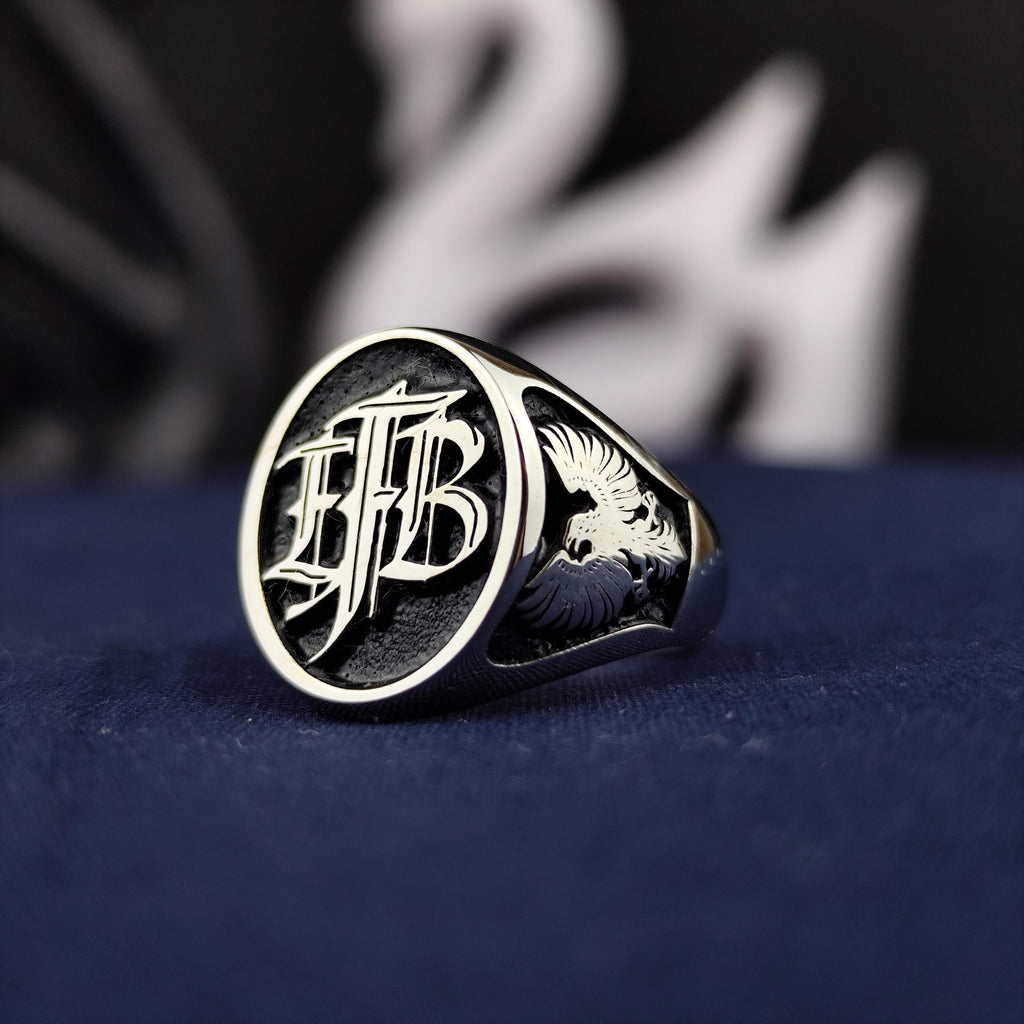 Black Enamel Initial Ring with Custom Monogram, Oval Signet in Sterling Silver or Gold