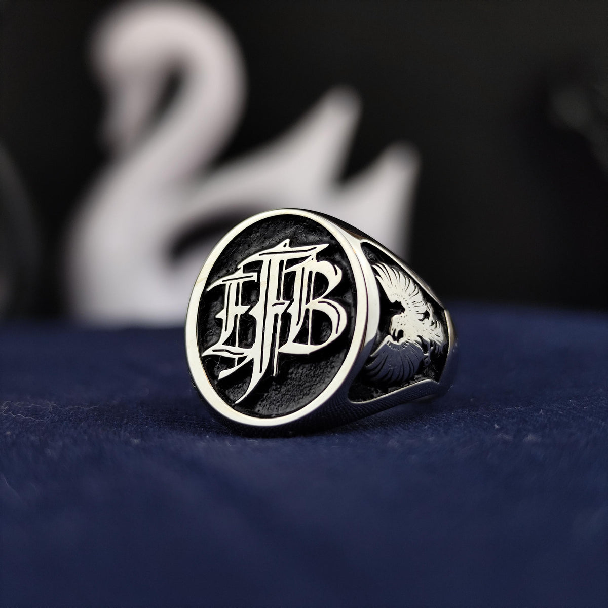 Black Enamel Initial Ring with Custom Monogram, Oval Signet in Sterling Silver or Gold