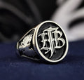 Black Enamel Initial Ring with Custom Monogram, Oval Signet in Sterling Silver or Gold