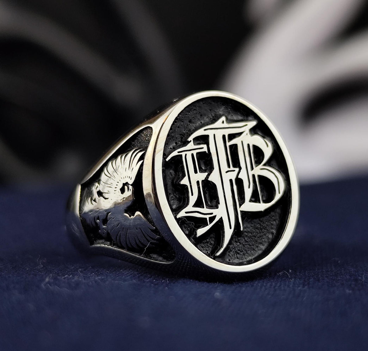 Black Enamel Initial Ring with Custom Monogram, Oval Signet in Sterling Silver or Gold