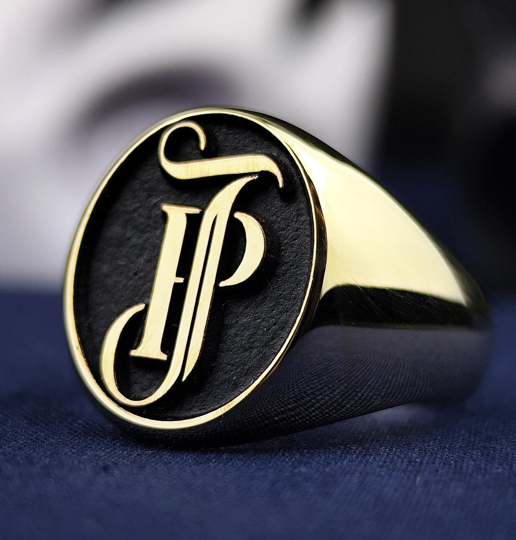 Custom Monogram Signet Ring for Men, Oval Black Enamel, Sterling Silver or Gold