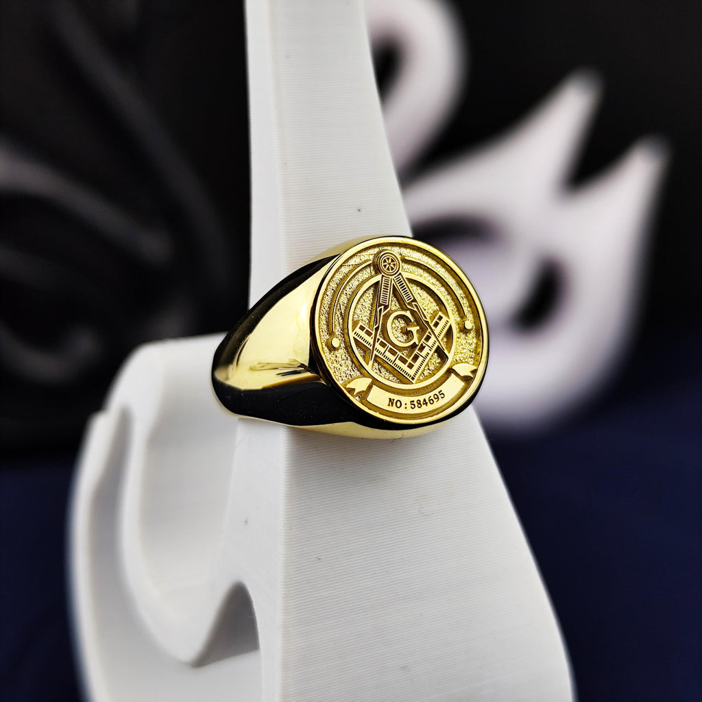 Gold Plated Masonic Signet Ring, Freemason Compass and G Symbol Jewelry, Mens Lodge Gift