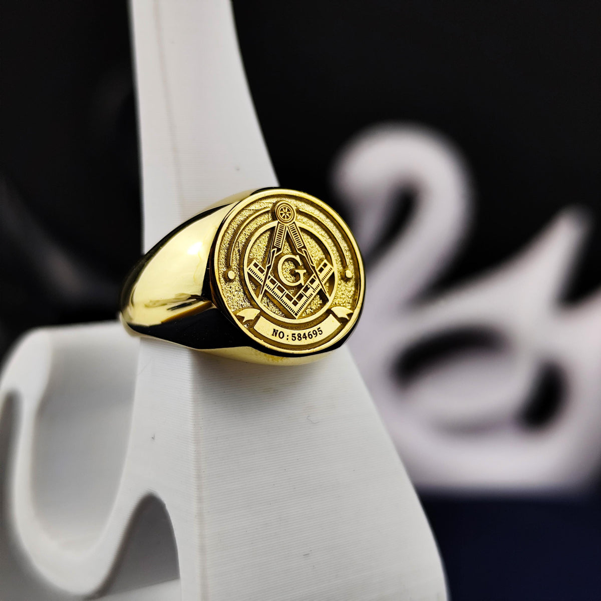 Gold Plated Masonic Signet Ring, Freemason Compass and G Symbol Jewelry, Mens Lodge Gift