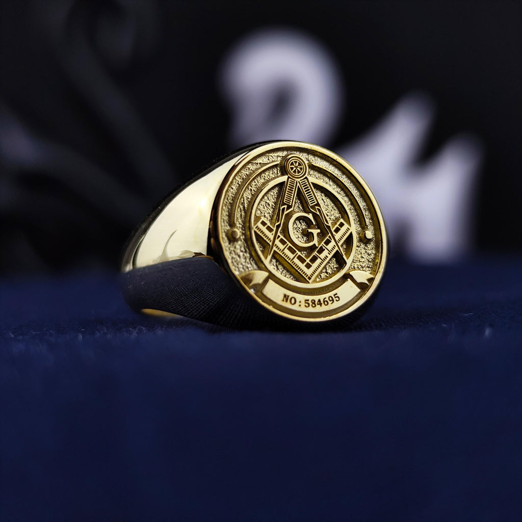 Gold Plated Masonic Signet Ring, Freemason Compass and G Symbol Jewelry, Mens Lodge Gift