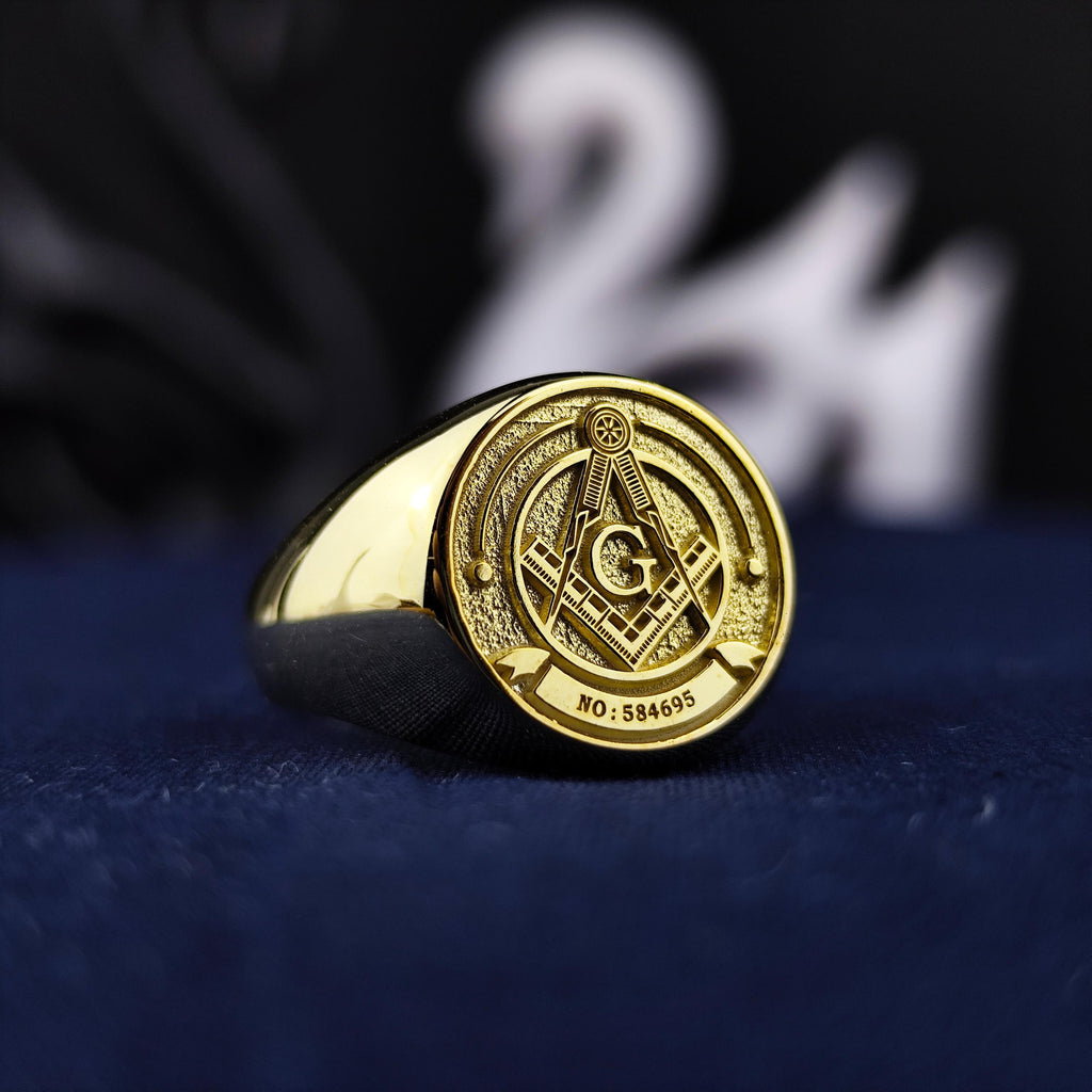 Gold Plated Masonic Signet Ring, Freemason Compass and G Symbol Jewelry, Mens Lodge Gift