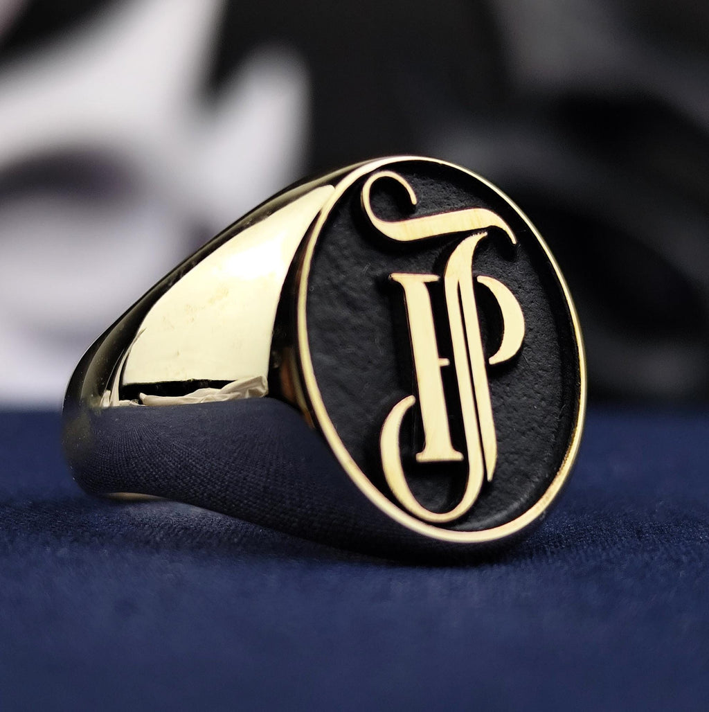 Custom Monogram Signet Ring for Men, Oval Black Enamel, Sterling Silver or Gold