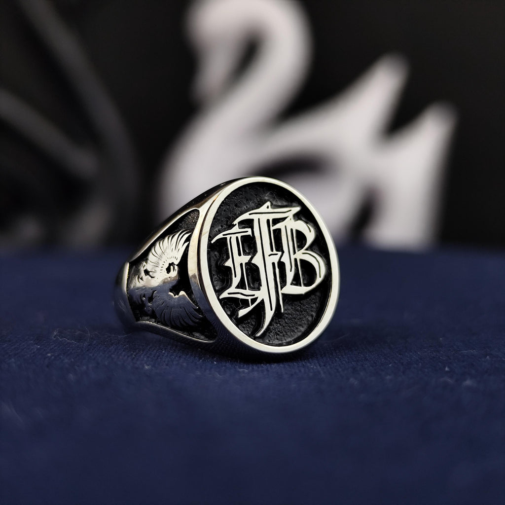 Black Enamel Initial Ring with Custom Monogram, Oval Signet in Sterling Silver or Gold