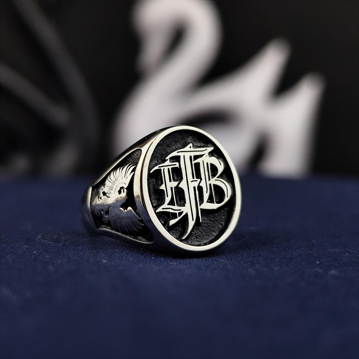 Black Enamel Initial Ring with Custom Monogram, Oval Signet in Sterling Silver or Gold