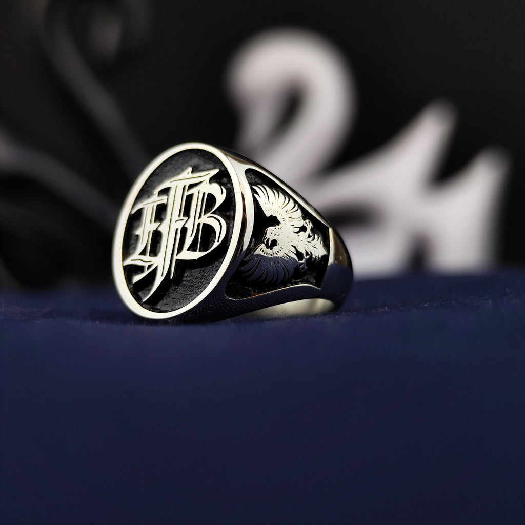 Black Enamel Initial Ring with Custom Monogram, Oval Signet in Sterling Silver or Gold