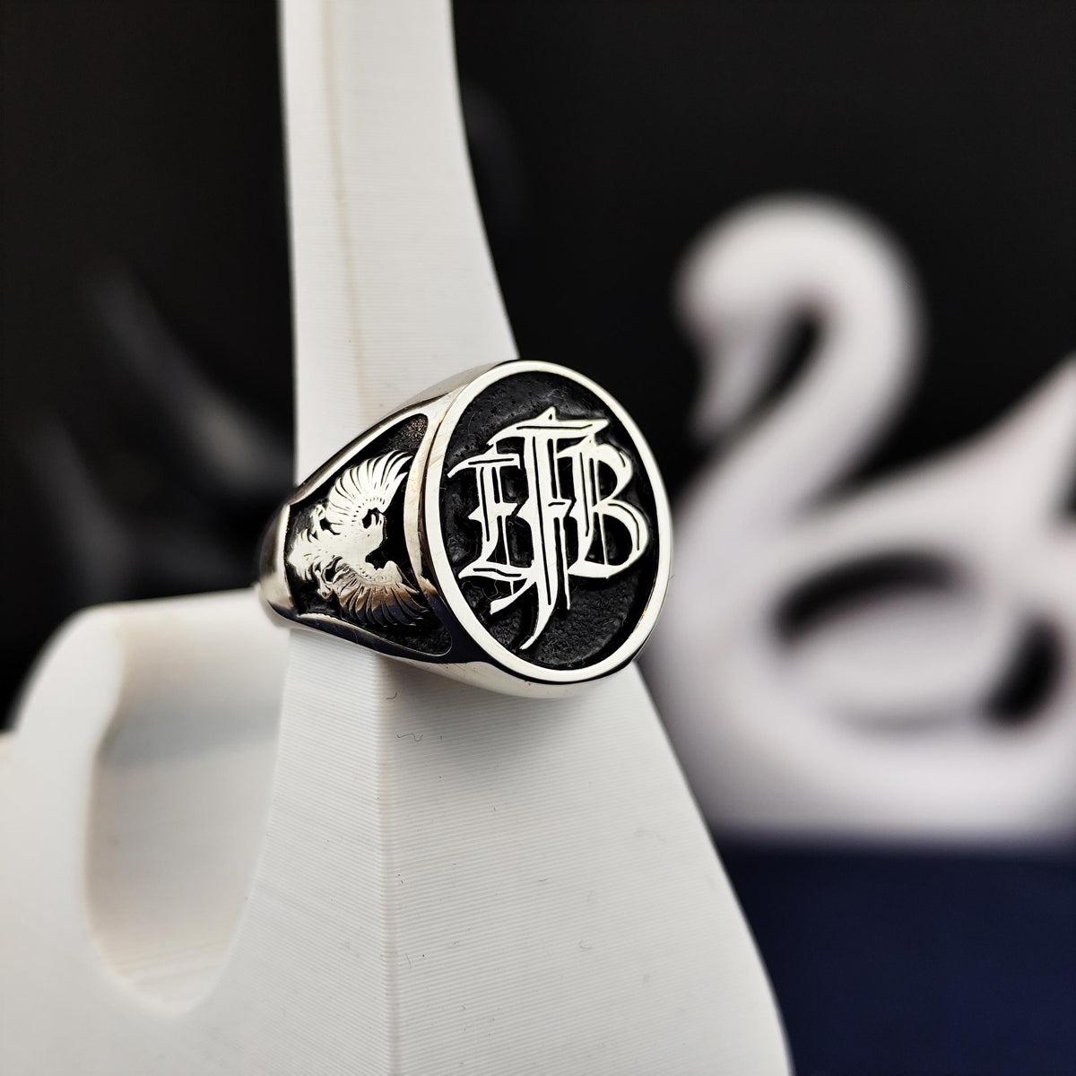 Black Enamel Initial Ring with Custom Monogram, Oval Signet in Sterling Silver or Gold