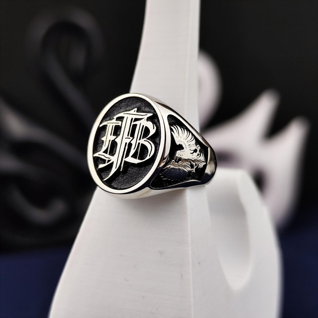 Black Enamel Initial Ring with Custom Monogram, Oval Signet in Sterling Silver or Gold