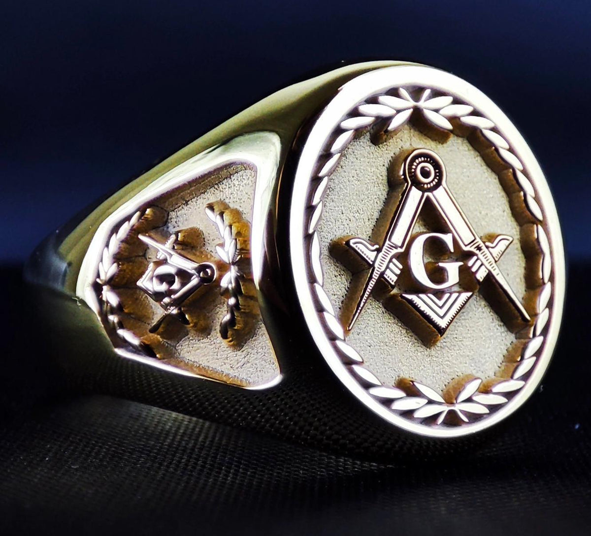 Gold Plated Masonic Signet Ring, Freemason Square and Compass Ring for Men