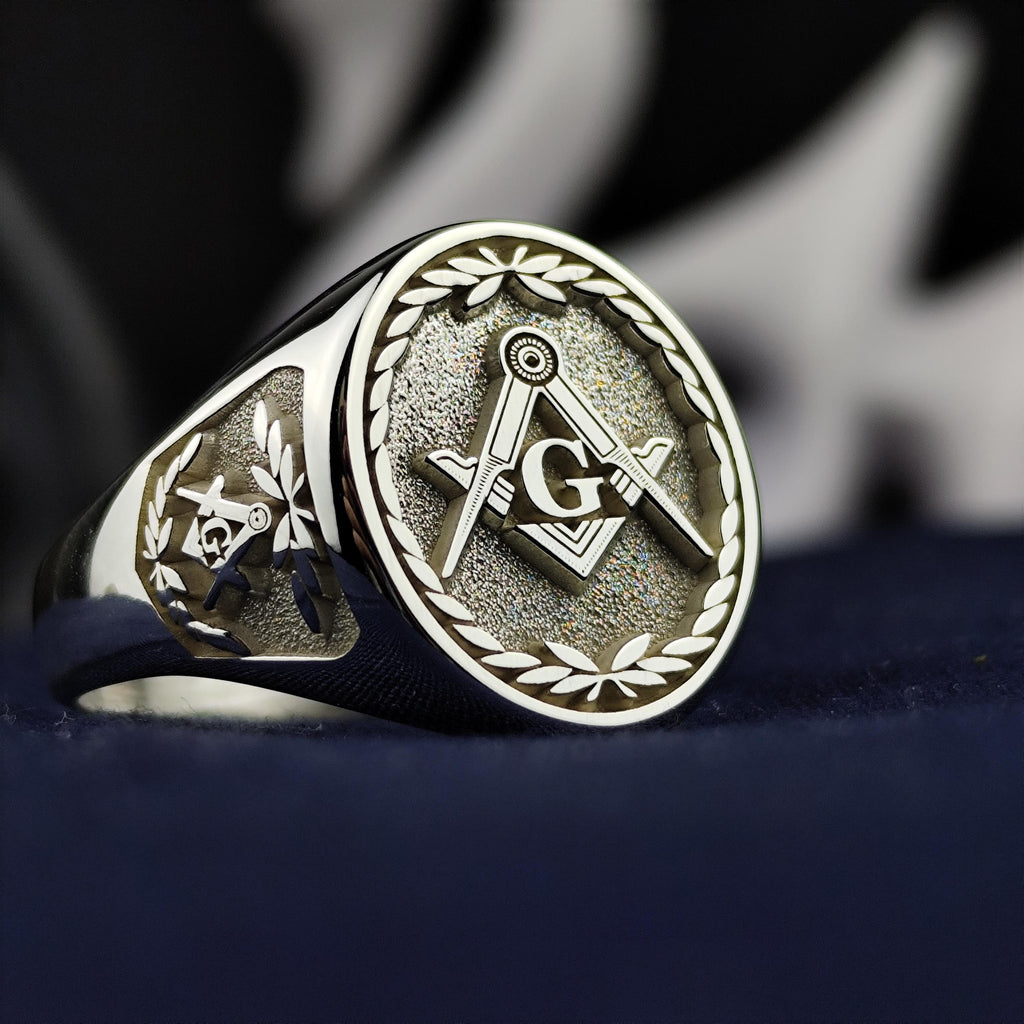 Silver Masonic Signet Ring, Square Compass Emblem, Vintage Men's Lodge Jewelry