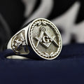 Silver Masonic Signet Ring, Square Compass Emblem, Vintage Men's Lodge Jewelry