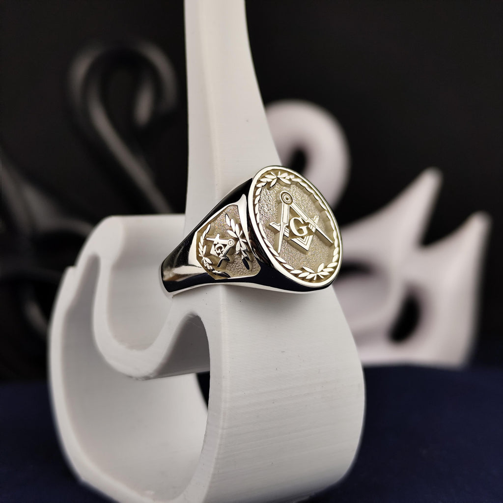 Silver Masonic Signet Ring, Square Compass Emblem, Vintage Men's Lodge Jewelry