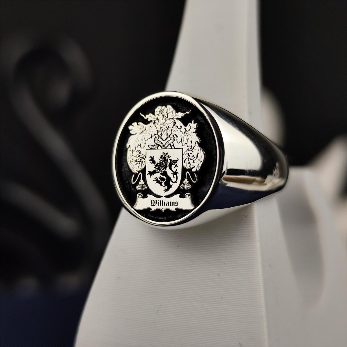 Custom Family Crest Ring, Black Enamel Coat of Arms Signet, Heirloom Gift
