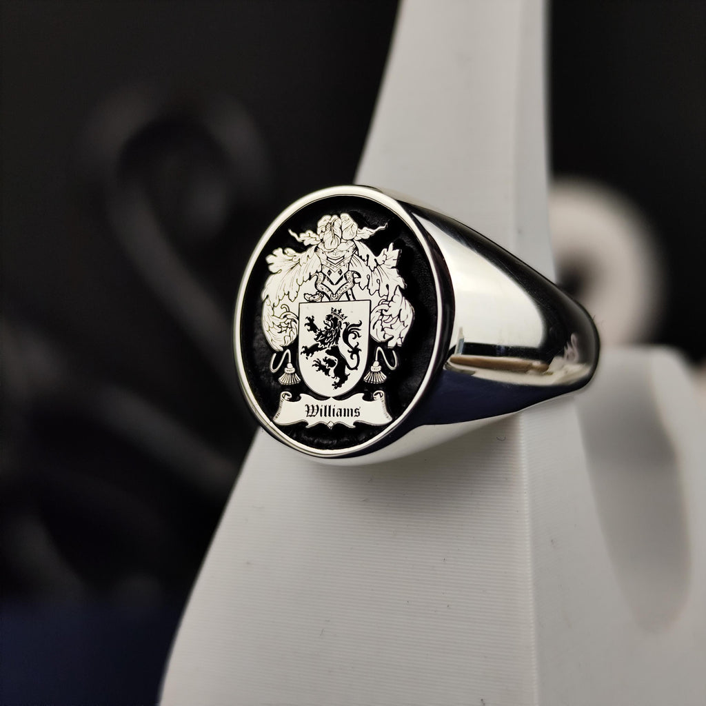 Custom Family Crest Ring, Black Enamel Coat of Arms Signet, Heirloom Gift