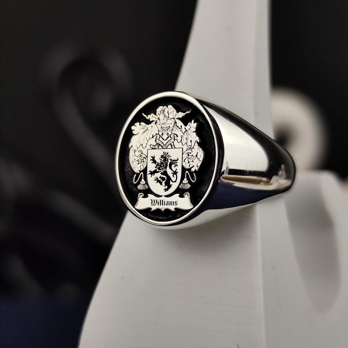Custom Family Crest Ring, Black Enamel Coat of Arms Signet, Heirloom Gift