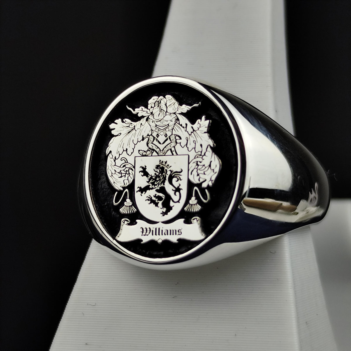 Custom Family Crest Ring, Black Enamel Coat of Arms Signet, Heirloom Gift