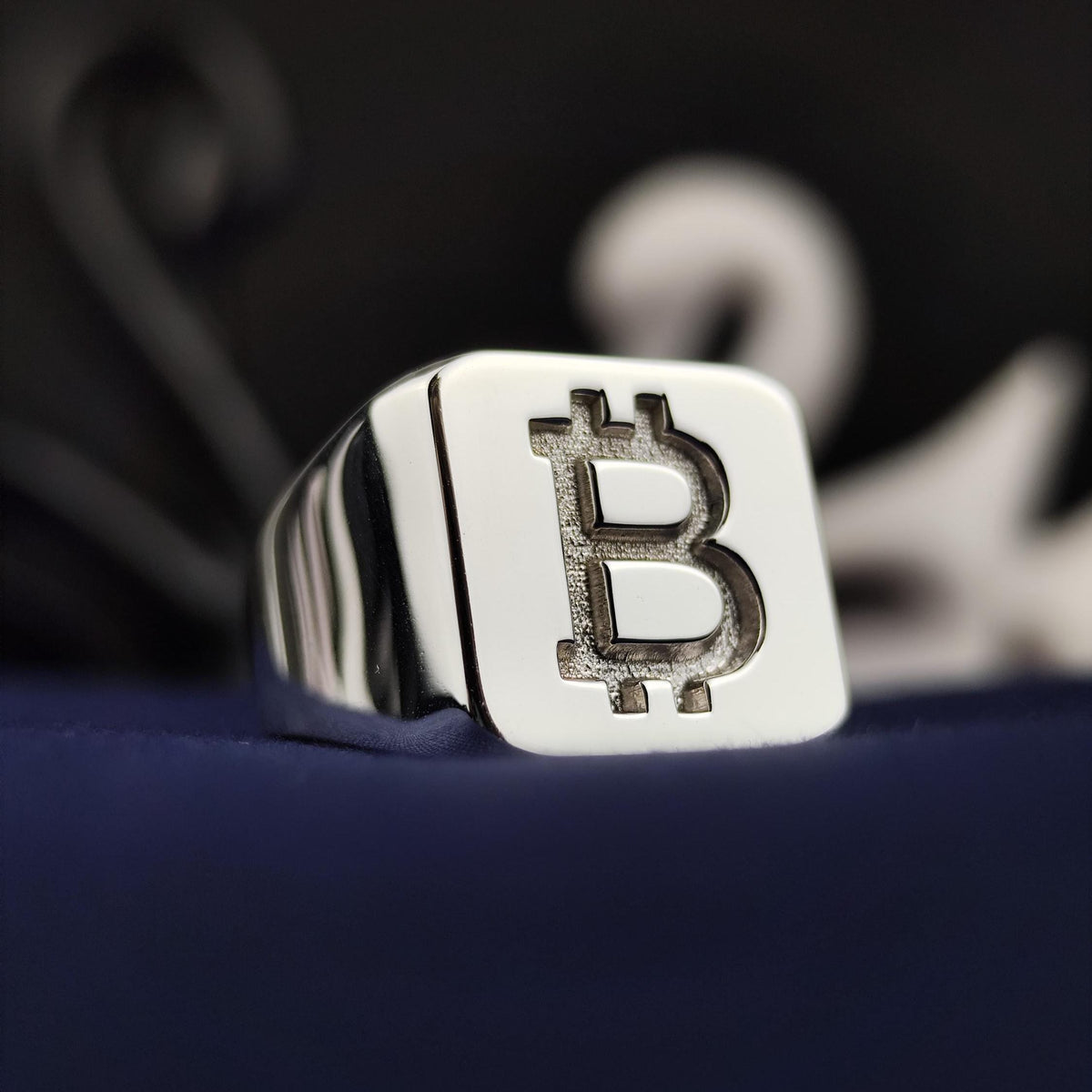 Bitcoin Signet Ring for Men, Square Sterling Silver Cryptocurrency Jewelry