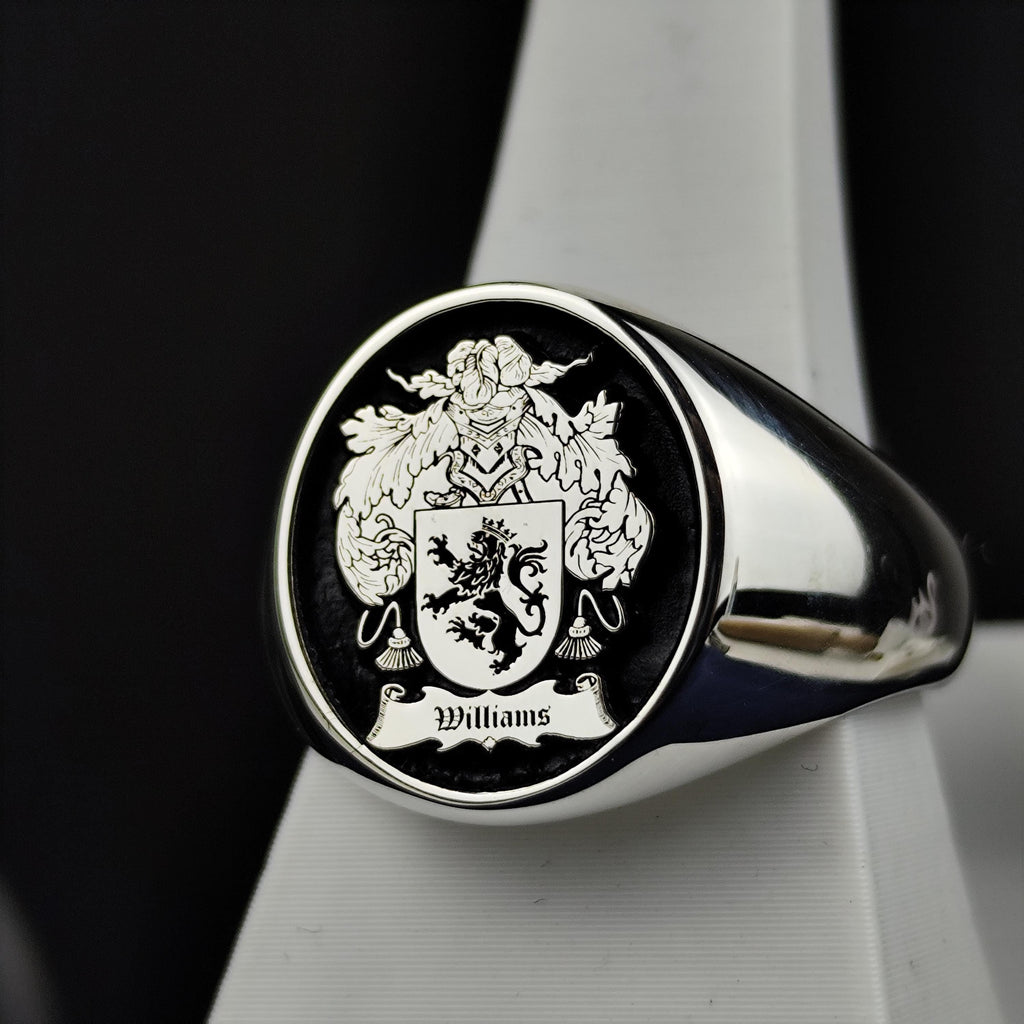 Custom Family Crest Ring, Black Enamel Coat of Arms Signet, Heirloom Gift