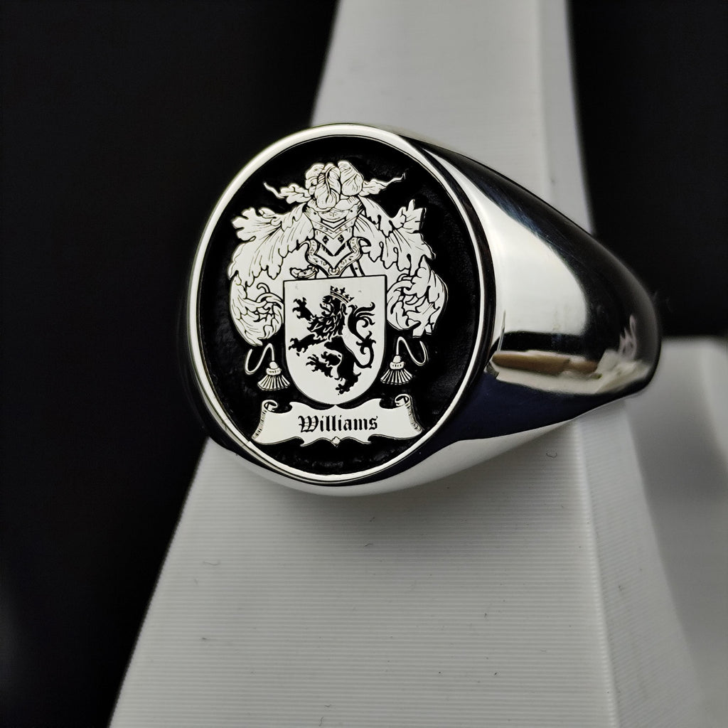 Custom Family Crest Ring, Black Enamel Coat of Arms Signet, Heirloom Gift