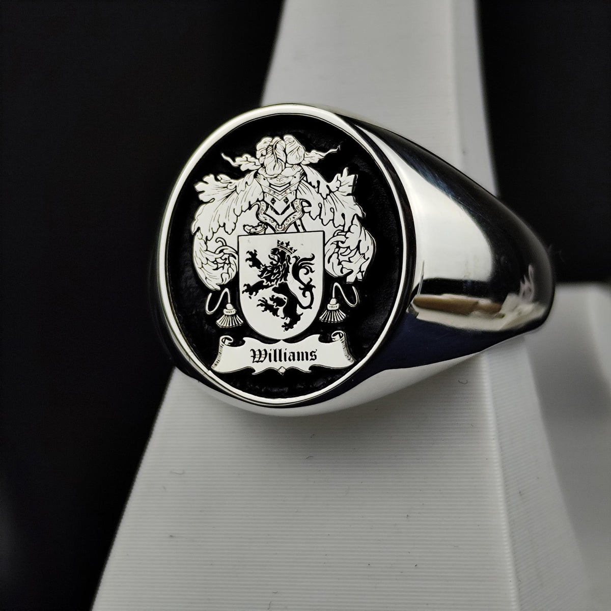 Custom Family Crest Ring, Black Enamel Coat of Arms Signet, Heirloom Gift