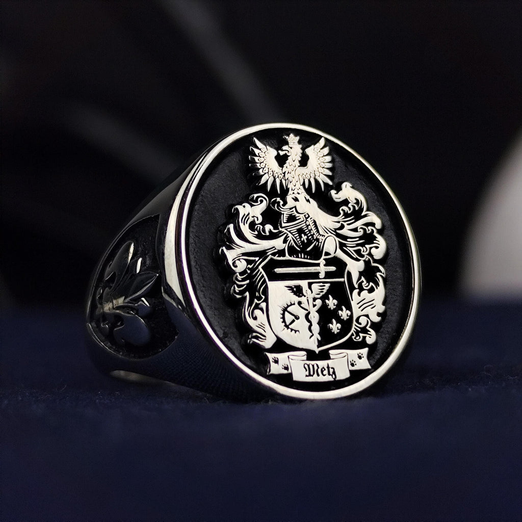 Personalized Family Crest Ring, Custom Coat of Arms Signet, Sterling Silver Heraldic Heirloom Gift