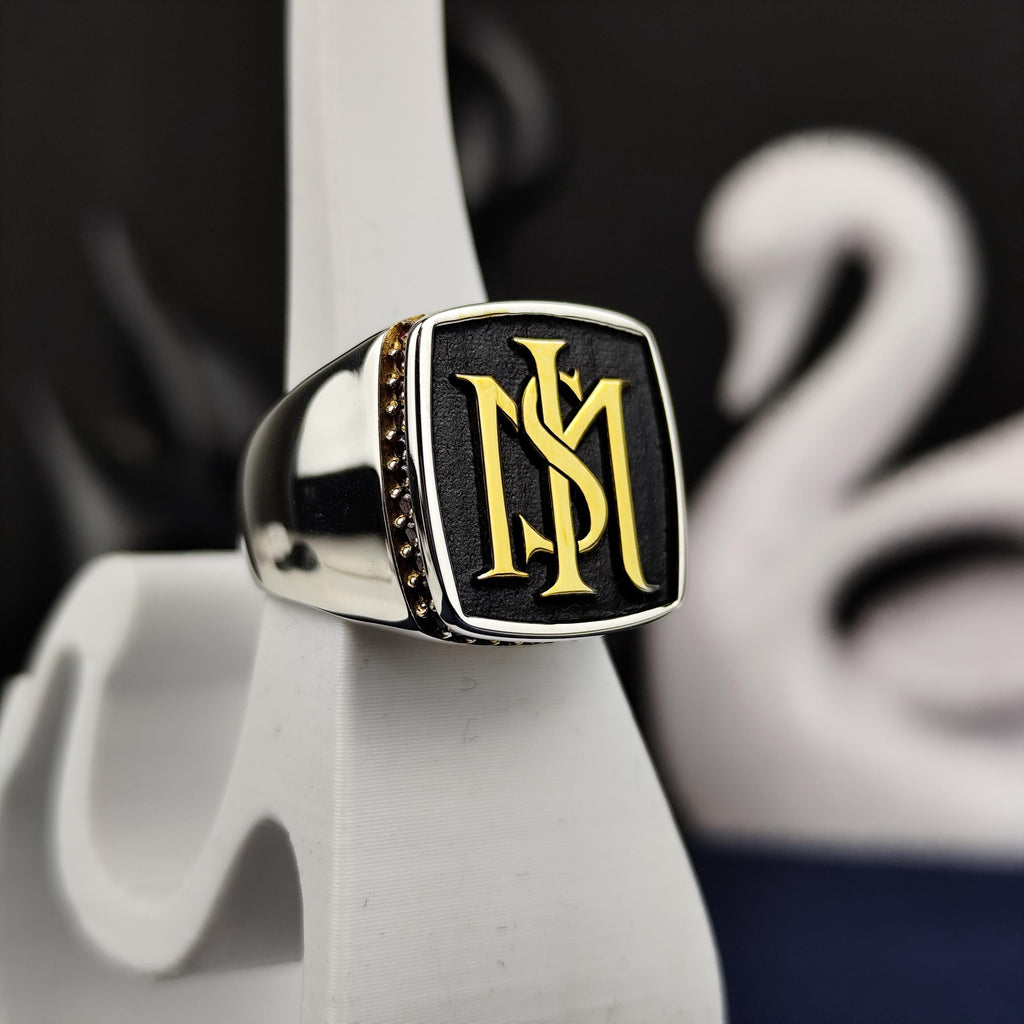 Square Black Face Monogram Signet Ring, Sterling Silver Two Initial Design