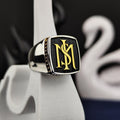 Square Black Face Monogram Signet Ring, Sterling Silver Two Initial Design