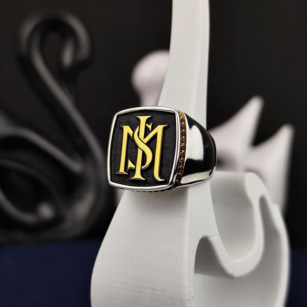 Square Black Face Monogram Signet Ring, Sterling Silver Two Initial Design